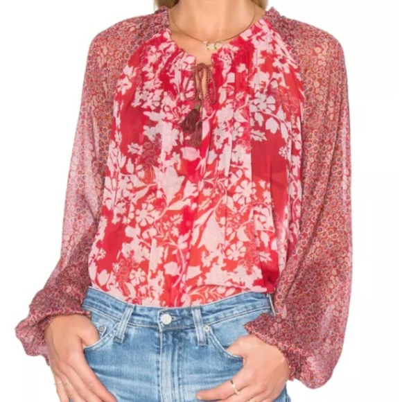 Free People Hendrix Red Floral Boho Peasant Tasseled Blouse Size XS - Picture 11 of 11